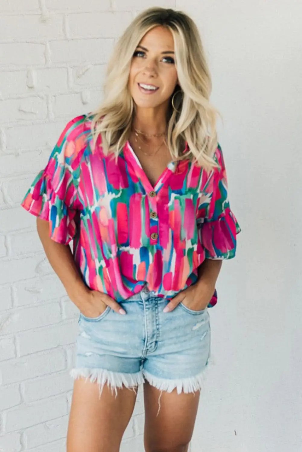 Rose Abstract Brushwork Print Buttoned V Neck Blouse - Love Salve